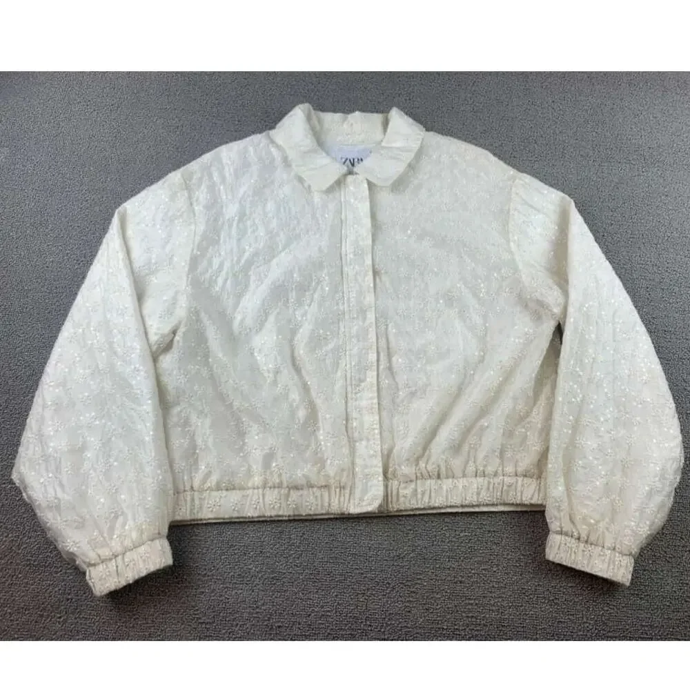 Zara Embroidered Jacket Kids13-14 Cream Floral Eyelet Bomber Elastic‎ Hem